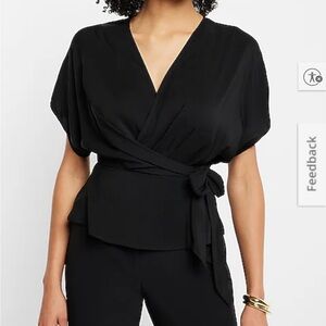 Express Black Wrap Peplum Blouse Large V neckline